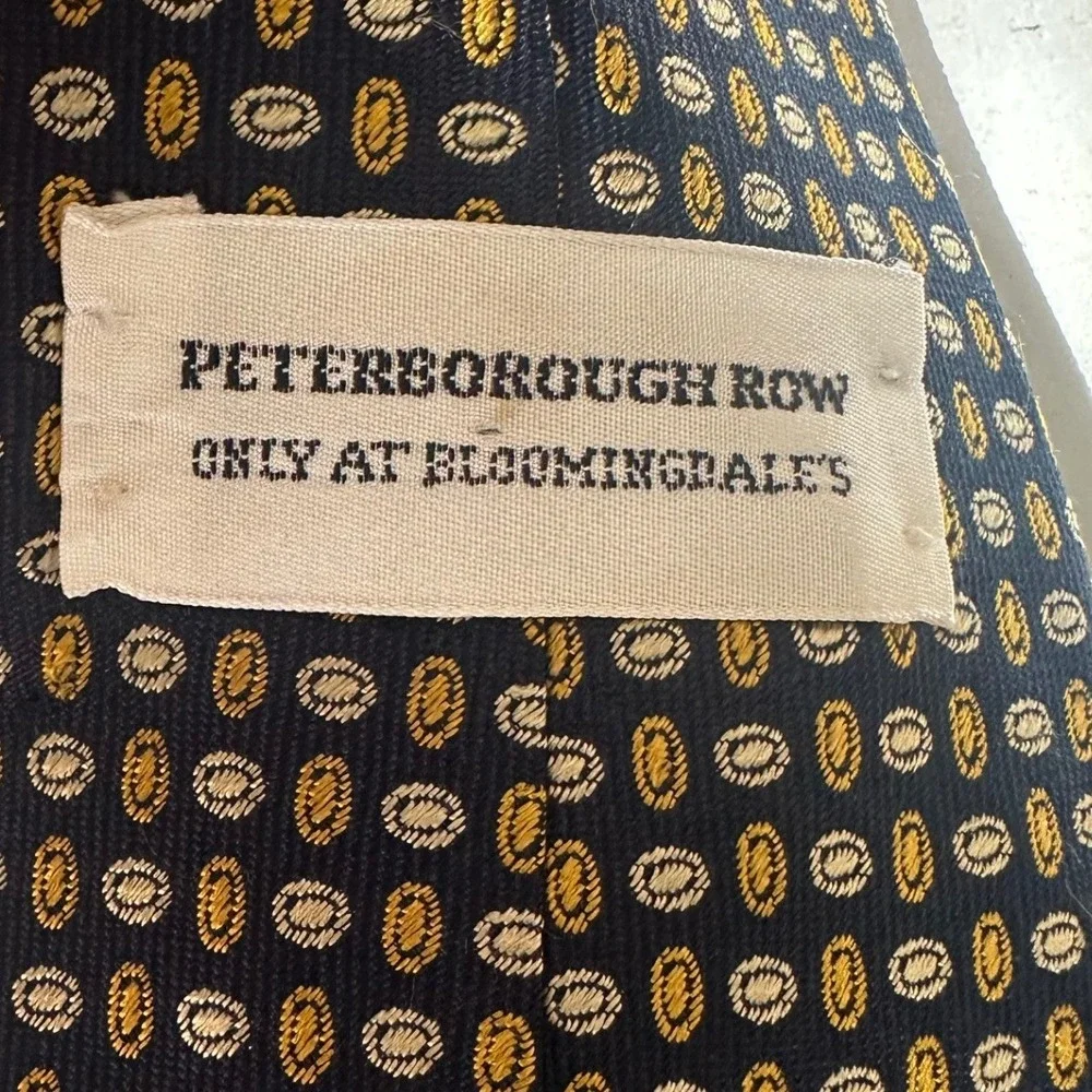 Peterborough Row Mens Silk Tie Navy Blue Gold Geometric Oval Made in USA
